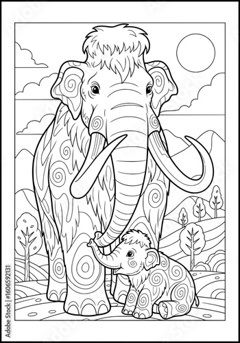 a mammoth mother with a cub. coloring book