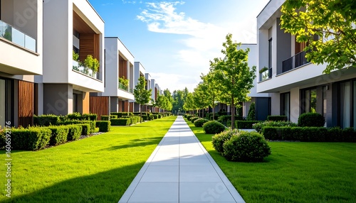 Serene modern residential complex with manicured lawns and tree lined walkway