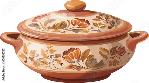 A digital illustration of a round ceramic pot with a lid. The pot is primarily beige and orange, with a hand-painted floral pattern in muted orange, brown, and beige hues. The lid is similarly