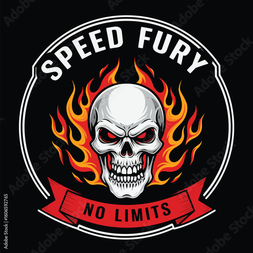 Flaming Skull Badge Emblem Vector for Biker Logo and Racing Design