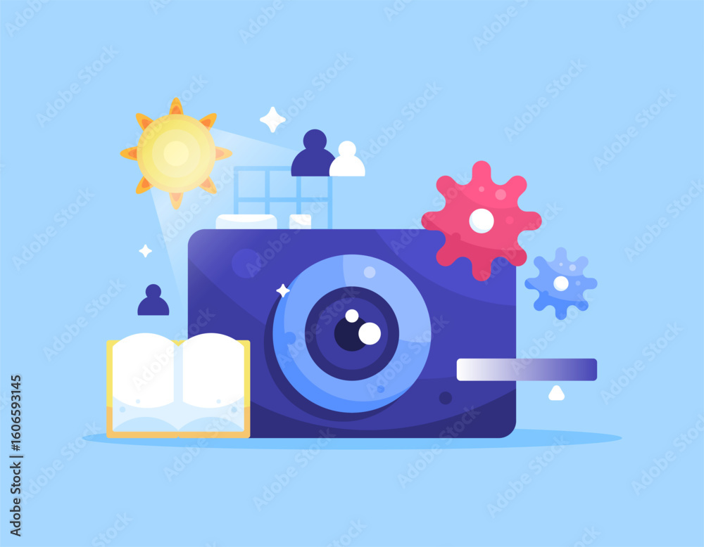 Obraz premium concept of learning to take photos. photographer. world photography day. illustration of a digital camera with symbols of the sun, book, and gears. lessons and education. elements or assets