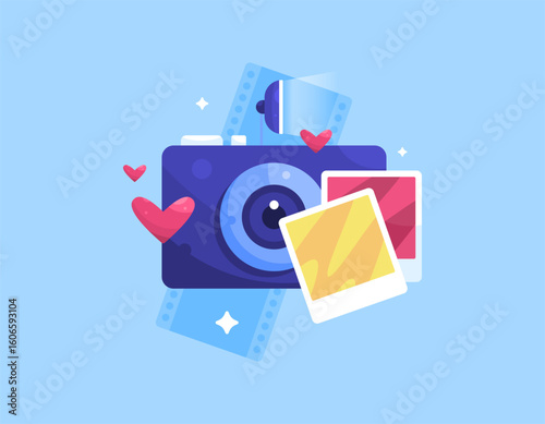 World Photography Day. Celebrating the art and craft of photography. Illustration of a digital camera with symbols of photographic paper, a heart, and a light. Enjoyment and hobby of photography