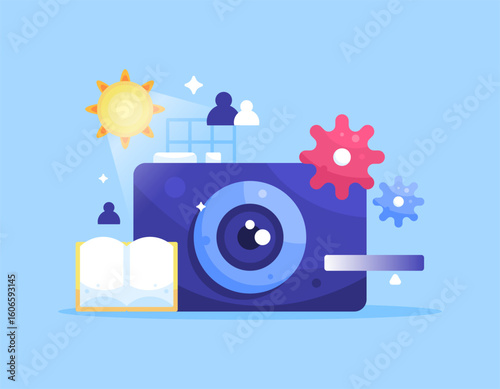concept of learning to take photos. photographer. world photography day. illustration of a digital camera with symbols of the sun, book, and gears. lessons and education. elements or assets