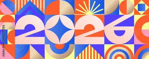 2026 banner colorful bauhaus geometric style trendy typography for poster, greeting card, flyer, event calendar vector