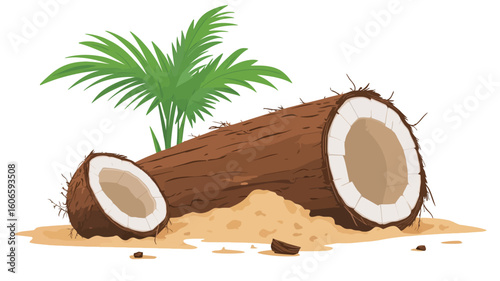 A digital illustration depicting a split coconut lying on a small pile of sand.  One half of the coconut is shown separated from the other, revealing the white interior.  A small palm tree frond is