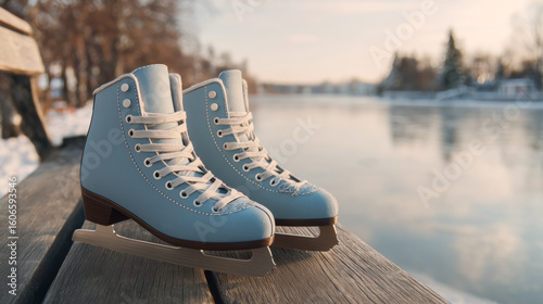 A pair of blue ice skates sits abandoned on a wooden bench near a tranquil lake. The surrounding scenery reflects winter's beauty with trees and a soft sunset glow illuminating the tranquil waters.