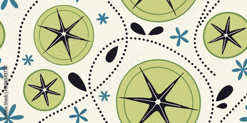 Abstract layout with bright green organic shapes, blue starbursts, and black geometric figures, featuring a contrasting background and text box with placeholder content