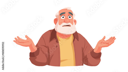 A vector illustration of an elderly man with a white beard and gray hair, depicted from the chest up against a white background.  He is shown with a confused expression, his hands raised in a