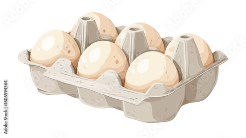 A digitally illustrated image depicting six off-white eggs nestled inside a light grey cardboard egg carton. The eggs are depicted with subtle texture variations and slight discoloration,