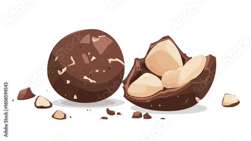 A digital illustration of two chocolate-covered macadamia nuts on a white background. One nut is whole, while the other is broken open, revealing the macadamia nut pieces inside.  