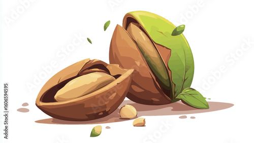 A digital illustration depicting a cracked pistachio nut. The image shows a pistachio shell split open, revealing the inner kernel.  The style is painterly, with visible brushstrokes and a slightly