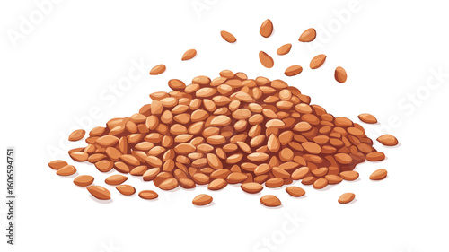 A close-up image shows a pile of light brown sesame seeds against a pure white background. The seeds are irregularly shaped and sized, with some scattered around the main pile, suggesting a sense