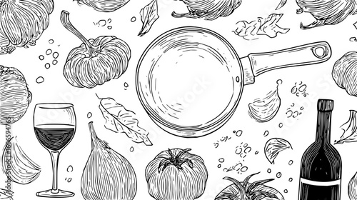 Detailed drawing of cooking ingredients including garlic, onion, tomato, wine and a frying pan item