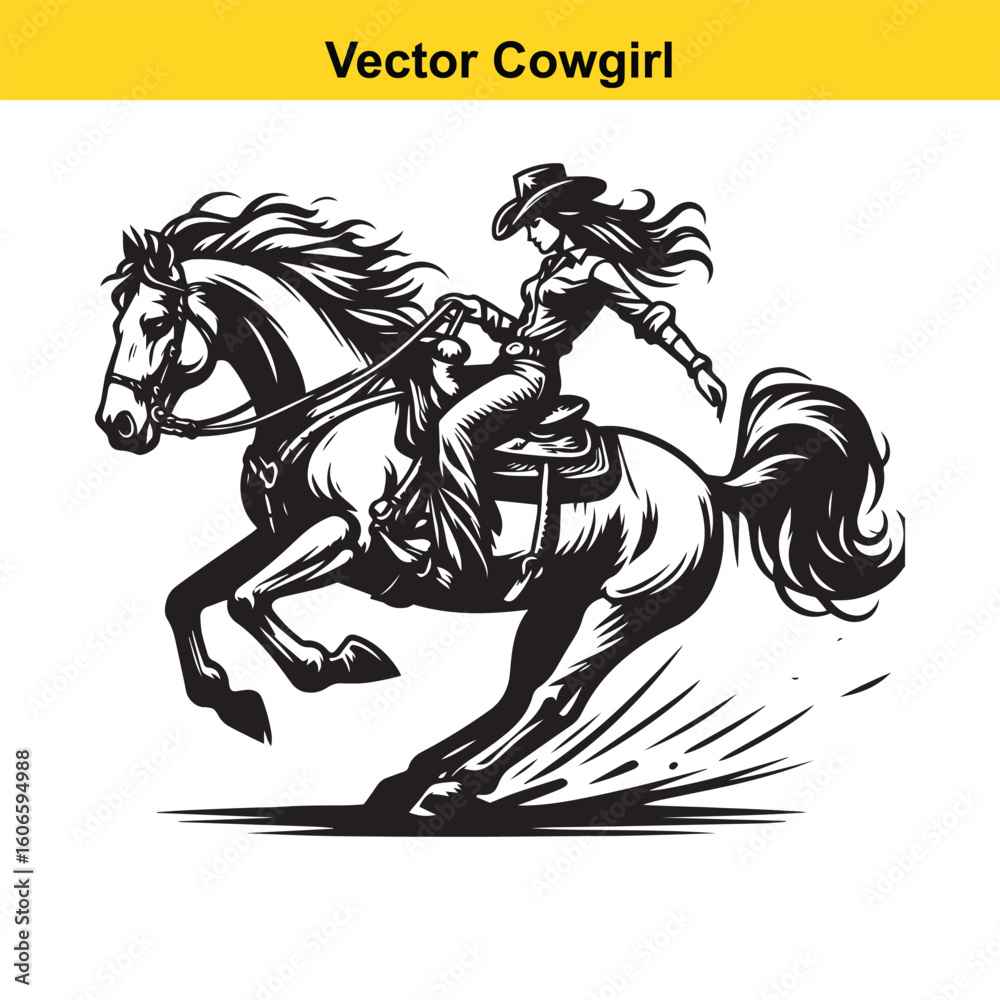 Obraz premium Cowgirl & Racing Horse – Vector Line Art.