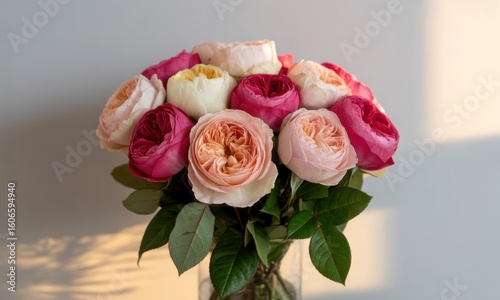 Rose bouquet Pink, peach, & cream double roses in clear vase, bright light