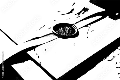 Monochrome image showing a letter sealed with a wax seal on a white surface with black ink splatters