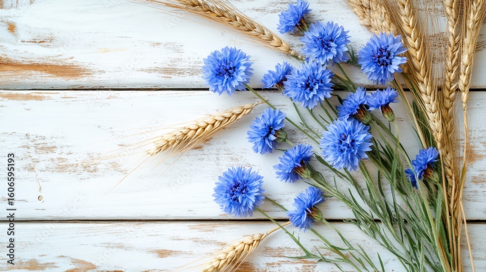 Obraz premium Rustic summer composition with blue cornflowers and wheat on wooden background