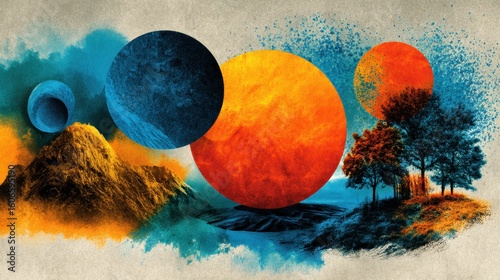 Vibrant abstract landscape with colorful planets and trees in cosmic scene