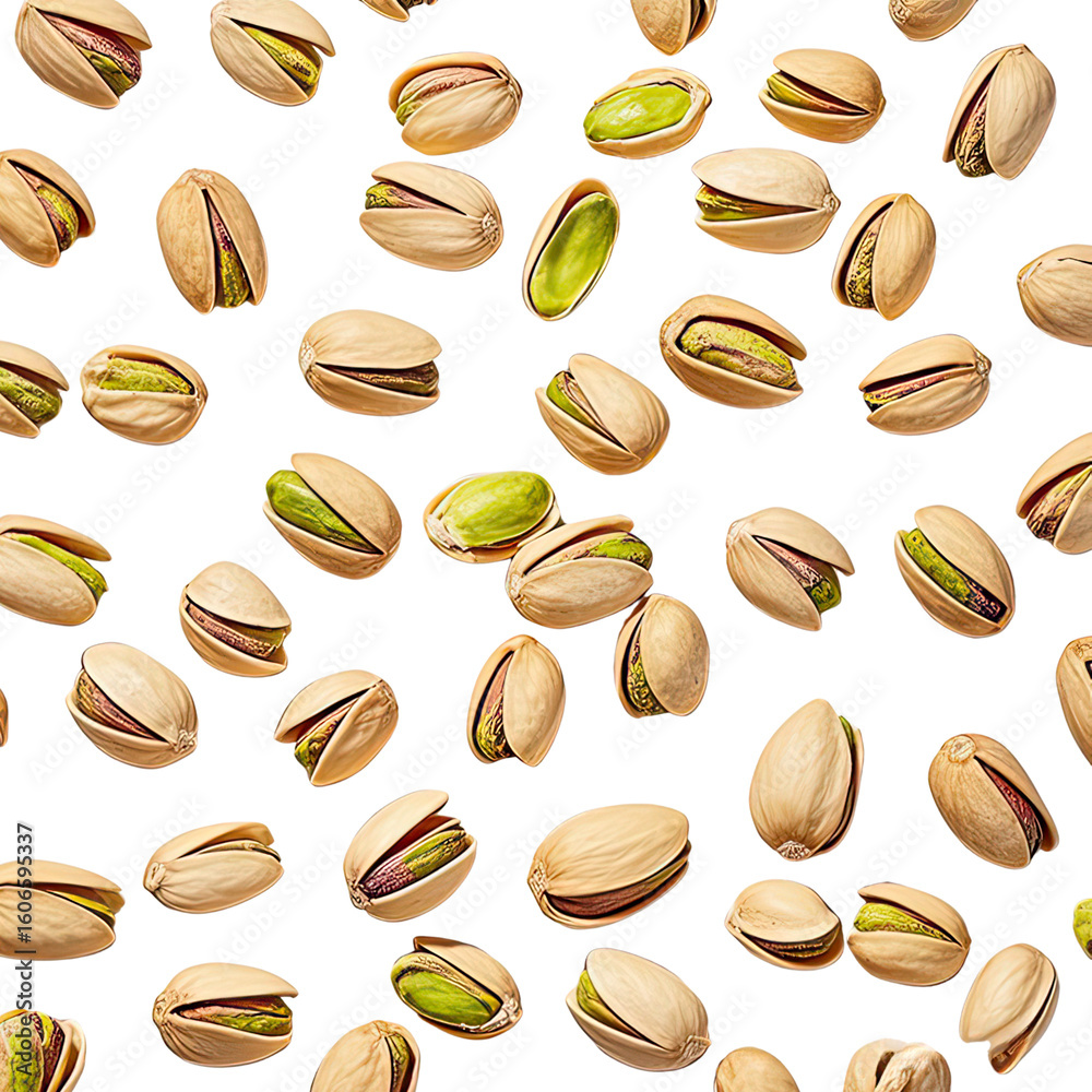 Obraz premium Artistic Flat Lay of Pistachio Nuts Isolated on White Background, Generative AI