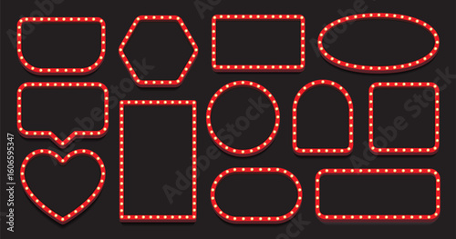 Retro lightbox vector template set different form with lightbulb isolated on black background for party poster, banner advertising, promotion and sale billboard, cinema, bar show or restaurant. 10 eps