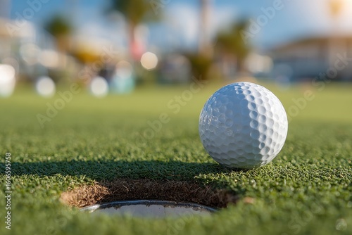 A close-up view of a golf ball resting on the edge of a hole on a green golf course under clear skies.