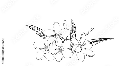 A black and white sketch of a cluster of plumeria flowers with leaves in a detailed line drawing style