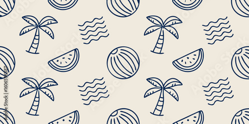 Set of hand-drawn blue outline icons featuring waves, palm trees, seashells, watermelon, lemon, and tropical elements on light beige background, perfect for summer themes and beach design