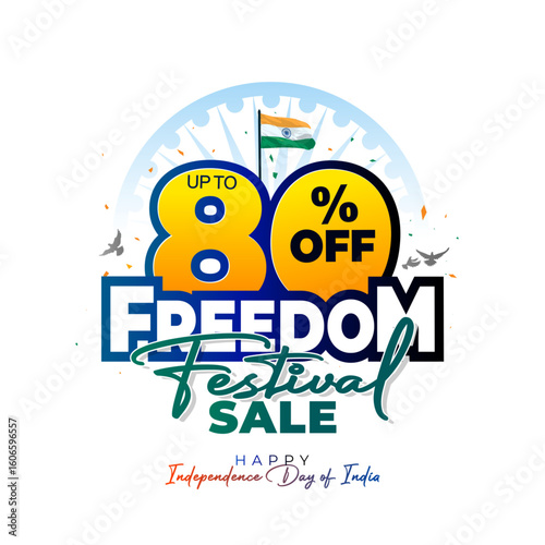 Happy Independence Day India. 80% off Freedom festival sale logo with tricolour flag background illustration.

