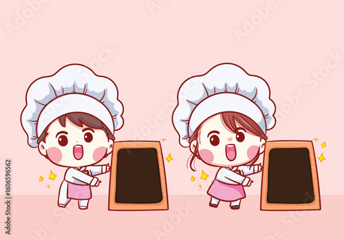 Cute  Bakery chef boy and girl cartoon with menu board Character art illustration. Premium Vector
