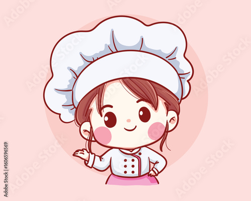 Cute Bakery chef girl welcome smiling cartoon art illustration logo. Premium Vector