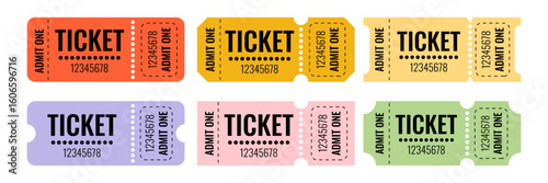 Set of colorful ticket templates featuring bold fonts and clean lines for event invitations or promotions