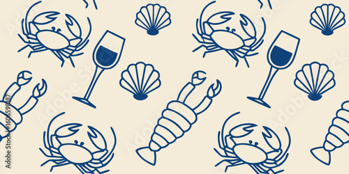 Vector illustration set with blue-outlined shrimp, crab, grapes, wine glasses, and cocktail icons arranged in a grid layout, evoking a refined beachside vibe and seafood celebration