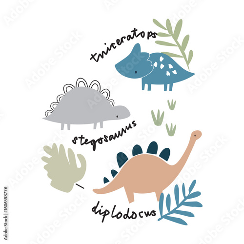 vector illustration of a tropical island dino , triceratops, stegosaurus , diplodocus