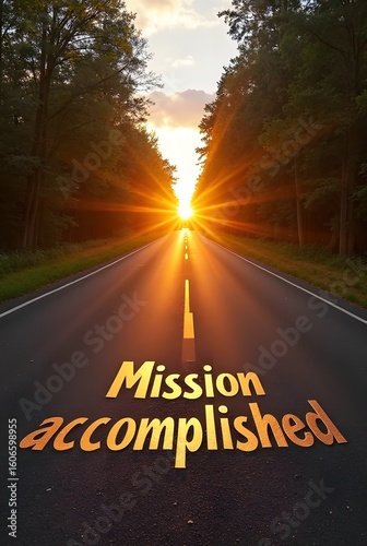 A sunlit road stretches towards a vibrant sunset, symbolizing progress and achievement, vertical composition. Mission accomplished a golden inscription marks the end of a successful journey.