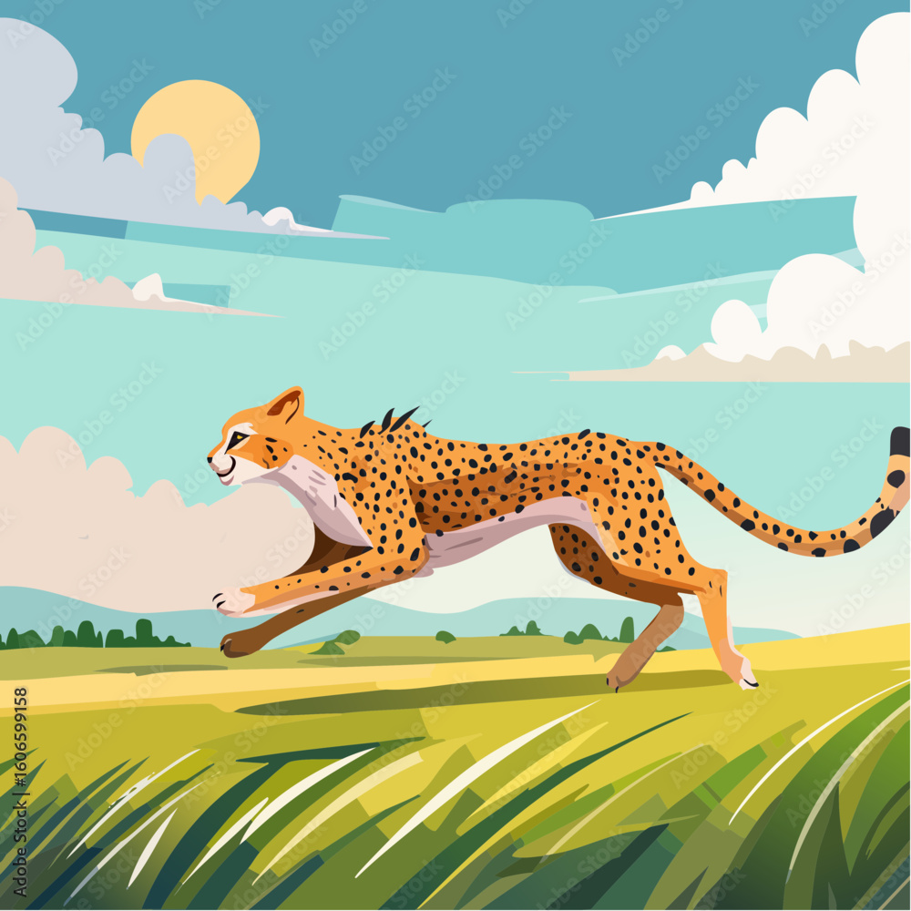 Obraz premium Graceful cheetah sprints across savanna under a bright sun and cloudy sky, showcasing speed and wild beauty.