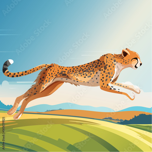 Dynamic cheetah sprints across sunny savanna capturing speed and wild grace in vibrant motion