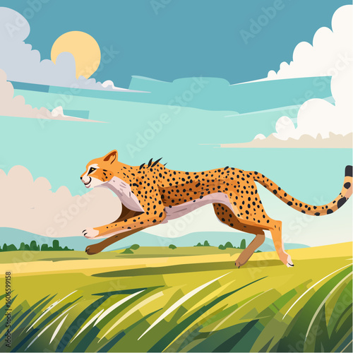 Graceful cheetah sprints across savanna under a bright sun and cloudy sky, showcasing speed and wild beauty.
