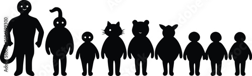 Vector art of a group of black silhouette figures, including monsters and humanlike shapes isolated on transparent background.