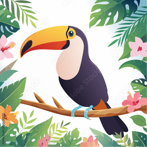 Vibrant toucan perched on a branch surrounded by lush tropical foliage and bright hibiscus flowers.