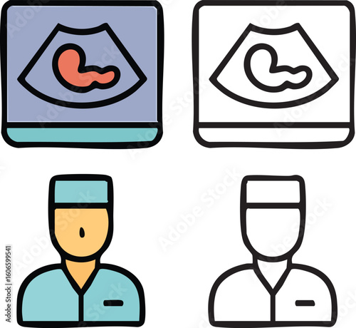 Two pairs of icons depict a medical professional and an ultrasound image of a fetus, illustrating pregnancy and medical care.