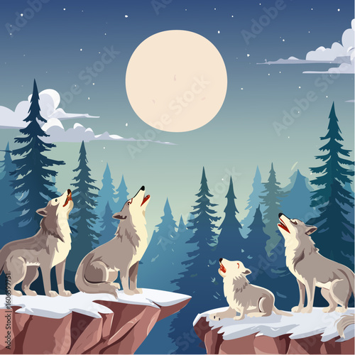 Wolves howling at moonlit sky, a pack unites on snowy cliff, evoking wild nature and primal connection.