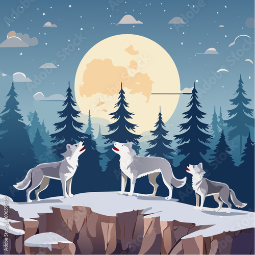 Three wolves howl at a giant moon in a snowy forest landscape at night, evoking wildness and nature.