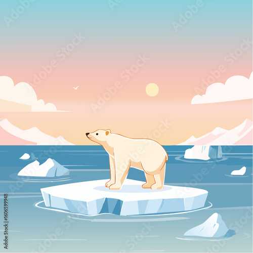 Majestic polar bear stands on melting ice floe against a serene sunset sky, symbolizing climate change.