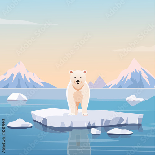 Majestic polar bear stands proudly on melting ice floe, arctic landscape with distant snowy peaks.