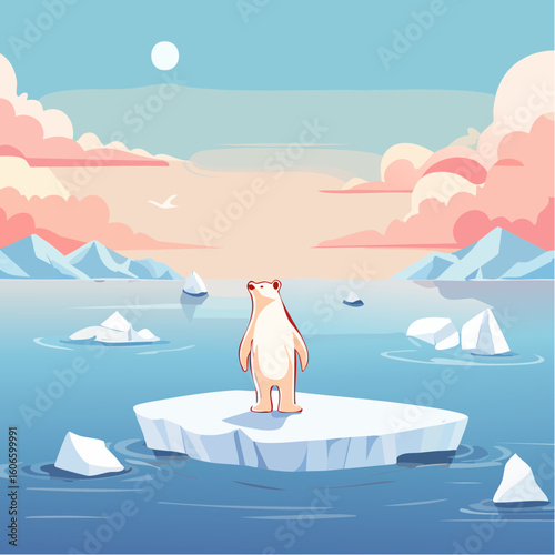 Solitary polar bear stands on melting ice floe amidst arctic sea with dramatic clouds and moon