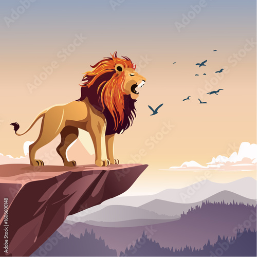 Majestic lion roars from cliff top surveying kingdom as birds fly at sunrise over mountains
