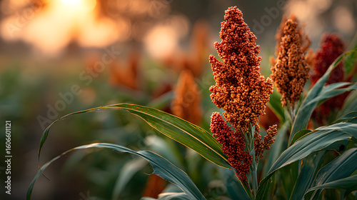 Biofuel and Food Sorghum Plantation industry in sunset Field of Sweet Sorghum stalk and seeds Millet field Agriculture field of sorghum named also Durra Milo or Jowari Healthy nutrients