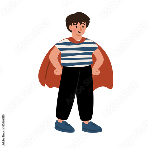 Illustration of a boy with red cape pretending to be a superhero, standing confidently in striped shirt and dark pants. Flat vector illustration.