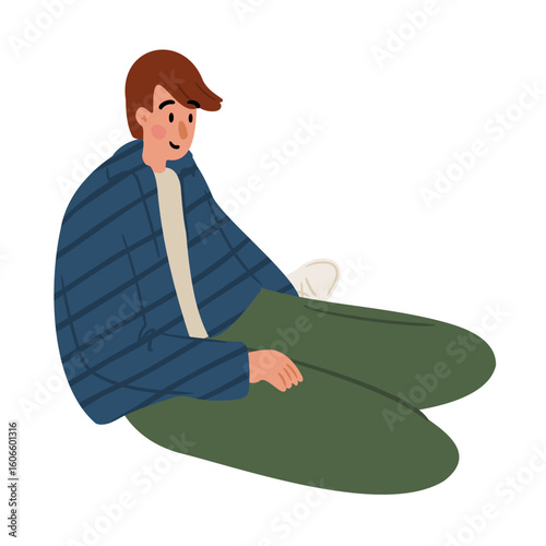Illustration of a teenage boy sitting cross-legged on the floor in casual clothes with a calm expression. Flat vector illustration.