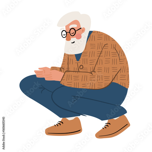 Illustration of an elderly man with glasses crouching down, dressed in a checkered jacket and blue pants. Flat vector illustration.